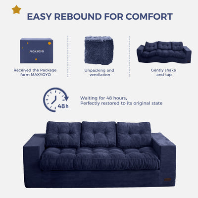 MAXYOYO 3 Seater Couch for Living Room, Boneless Couch with Tufted Cushion & Backrest, Upholstered Floor Sofa with Armrests, Sofa in A Box, No Assembly Required