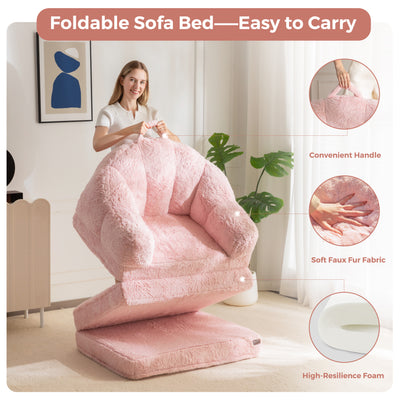 MAXYOYO Folding Sofa Bed, 2 in 1 Convertible Sofa to Lounger Comfy Single Bean Bag Chair for Adults, Floor Sleeper Couch with Handle, Faux Fur Couch Bed for Living Room Bedroom, Pink