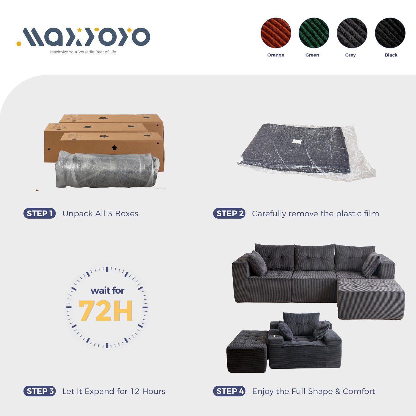 MAXYOYO Modular Sectional Sofa Couch and Chaise Lounge, L Shaped Modern Cloud Couch with Ottoman, Sofa in A Box, Tufted 6-Seat Boneless Sleeper Chair for Living Room, No Assembly Required