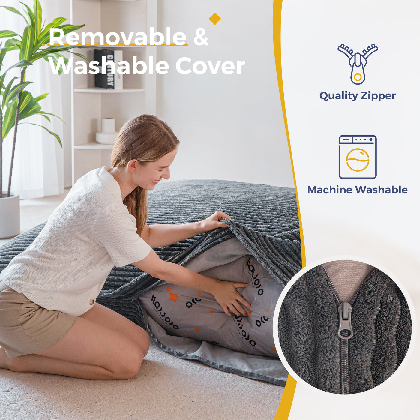 MAXYOYO Giant Bean Bag Chair with Pillow, 3 in 1 Convertible Bean Bag Bed for Adults with Washable Cover, Removable Floor Cushion Stuffed Floor Lounger for Living Room Bedroom, Dark Grey