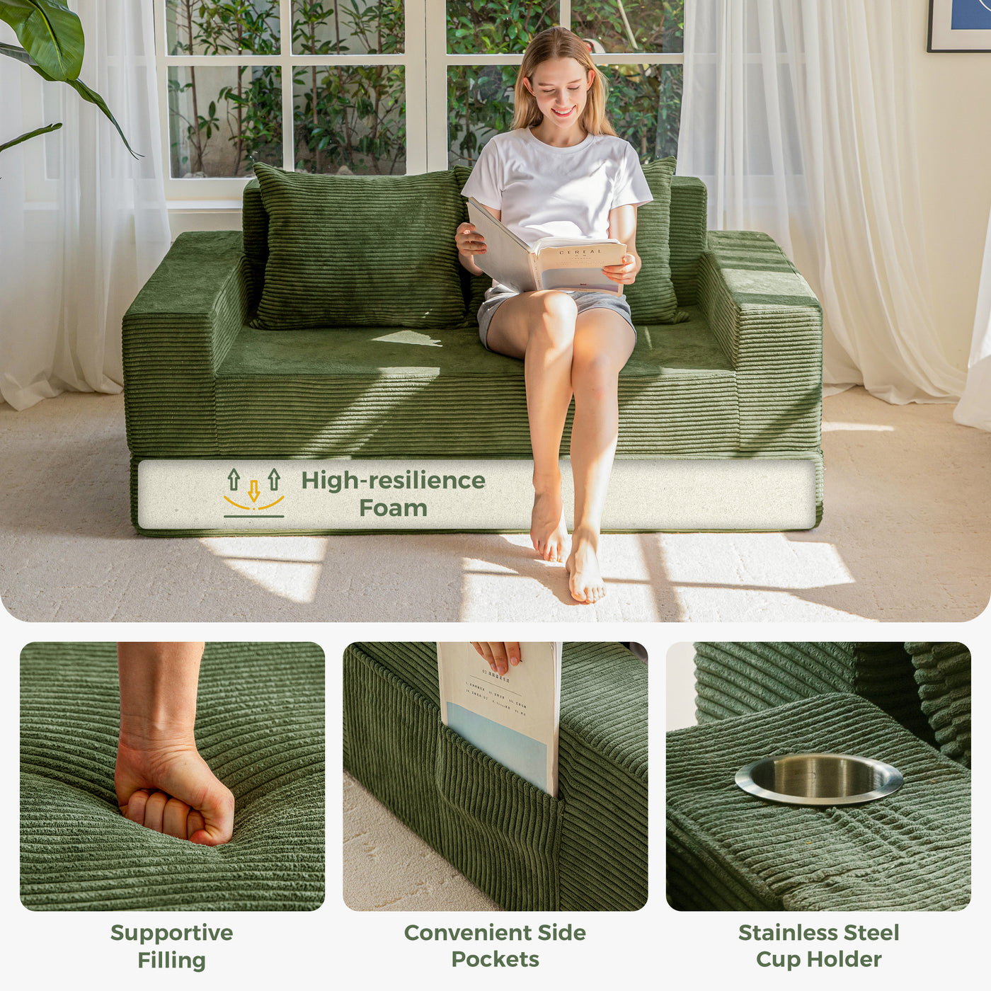 MAXYOYO Loveseat Sofa Bed, 4 in 1 Foldable Floor Sofa Couch in A Box with 2 Cup Holders, Convertible Boneless Couch Folding Recliner Sleeper Chair for Living Room, No Assembly Required