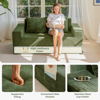 MAXYOYO Loveseat Sofa Bed, 4 in 1 Foldable Floor Sofa Couch in A Box with 2 Cup Holders, Convertible Boneless Couch Folding Recliner Sleeper Chair for Living Room, No Assembly Required