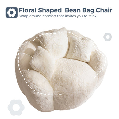 MAXYOYO Oversized Floral Bean Bag Chair – Ultra Soft Faux Fur Lounge Sofa with 3 Pillows, Beige