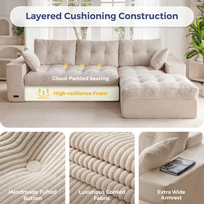 Beige sectional sofa with detailed features highlighted, including cloud-padded seating and high-resilience foam.