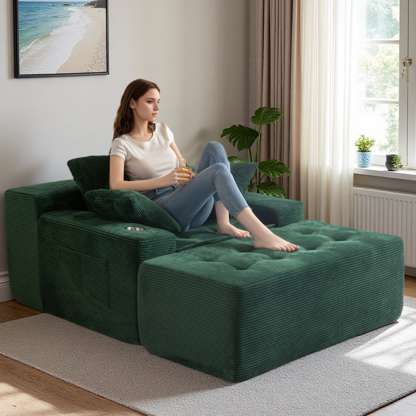 MAXYOYO Oversized Chaise Lounge Sofa with Ottoman – No-Assembly Sleeper Chair for Living Room, Green