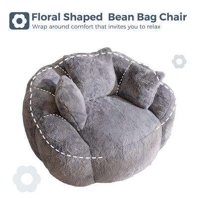 MAXYOYO Floral Bean Bag Chair 3 Pillows –  Soft Faux Fur Lounge Sofa for Reading&Gaming, Grey