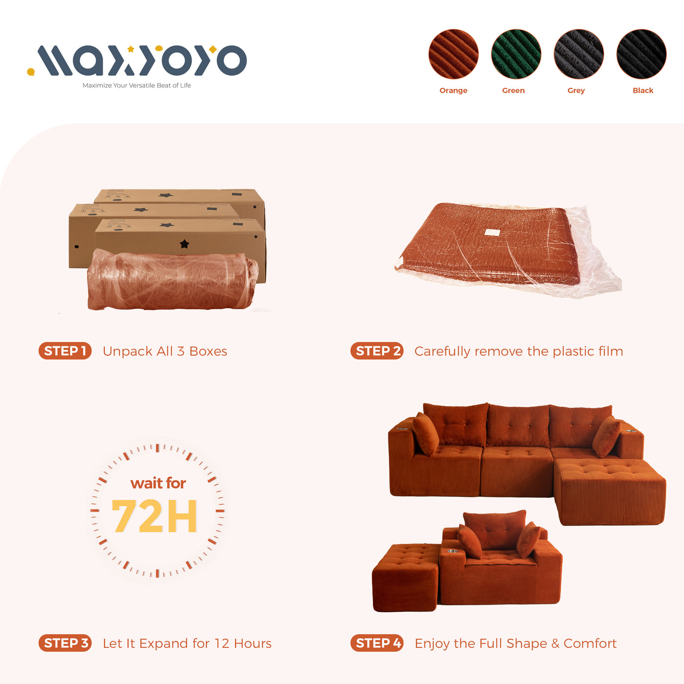 MAXYOYO Modular Sectional Sofa Couch and Chaise Lounge, L Shaped Modern Cloud Couch with Ottoman, Sofa in A Box, Tufted 6-Seat Boneless Sleeper Chair for Living Room, No Assembly Required