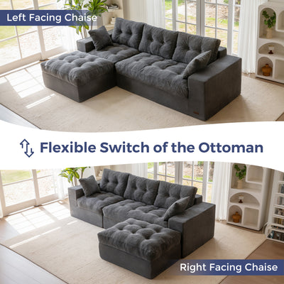 MAXYOYO L Shaped Sectional Sofa with Ottoman, Cloud Boneless Couch with Layered Cushion, Upholstered Modular Sofa with Tufting, Flexible Module Combination for Living Room, No Assembly, Dark Grey