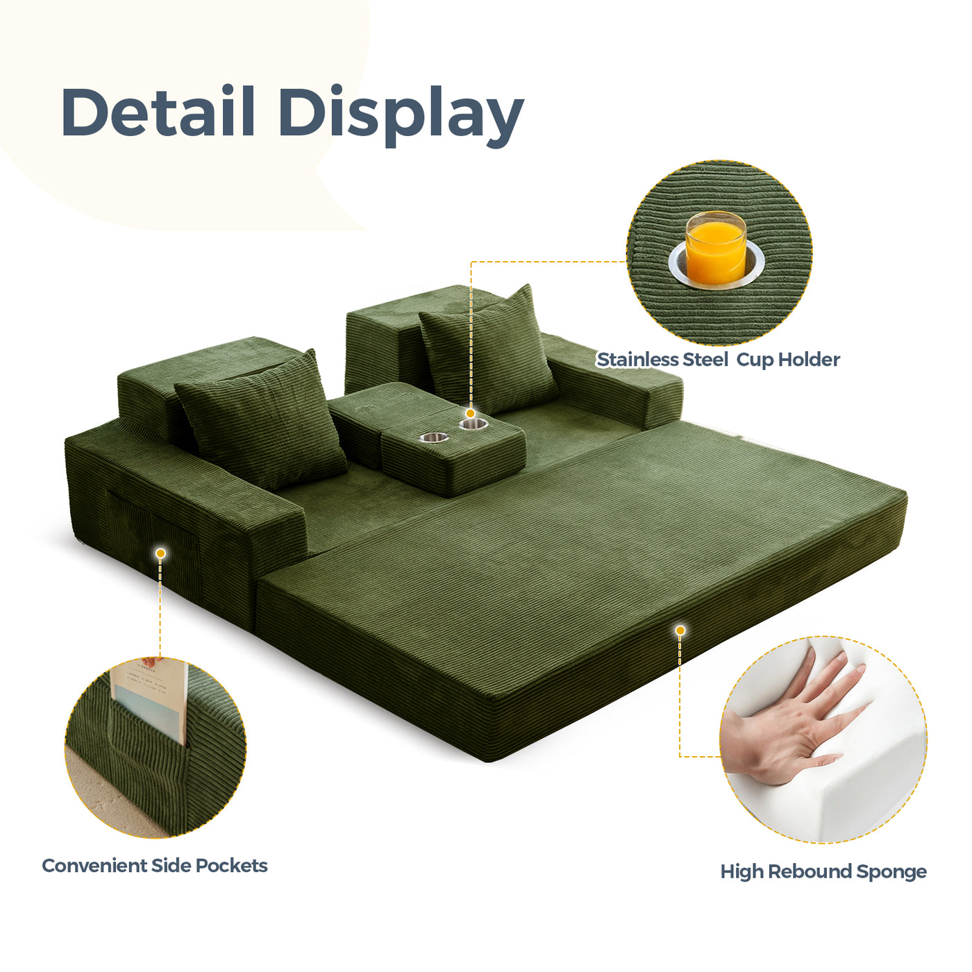 MAXYOYO 3-Seater Sofa Bed in a Box – Corded 4-in-1 Floor Couch with Cup Holders, No Tools Needed, Dark Green