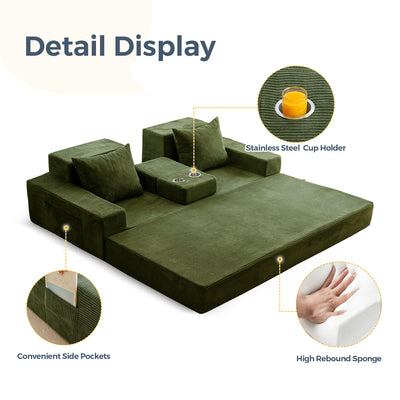 MAXYOYO 3-Seater Sofa Bed in a Box – Corded 4-in-1 Floor Couch with Cup Holders, No Tools Needed, Dark Green