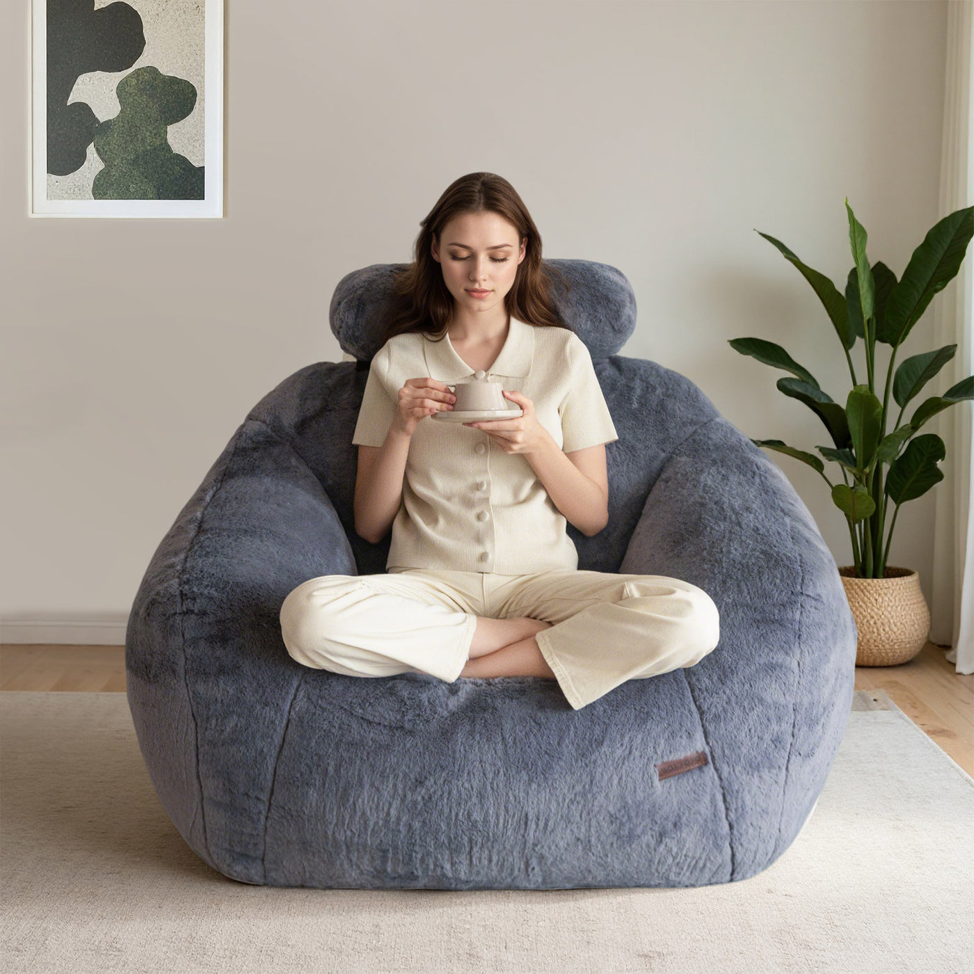 MAXYOYO Giant Bean Bag Chair with Pillow - Faux Fur Ergonomic Bean Bag Chair Couch (Zippered Link Pillow), Dark Grey