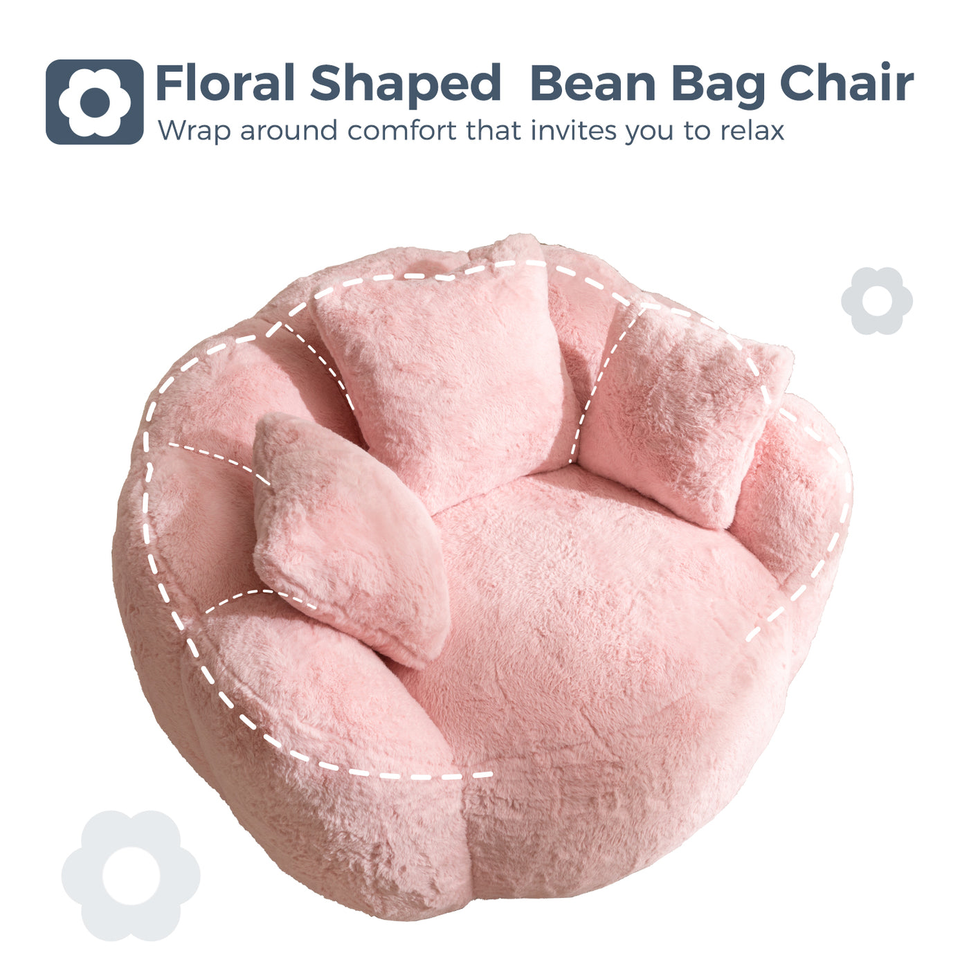 MAXYOYO Floral Bean Bag Chair 3 Pillows –  Faux Fur Lounge Sofa for Relaxing Corners, Pink