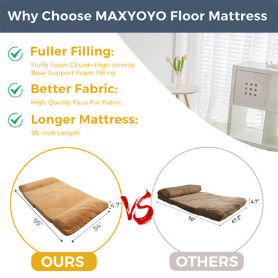 MAXYOYO Bean Bag Folding Sofa Bed, Floor Mattress Extra Thick Floor Sofa with Faux Fur Washable Cover, Khaki