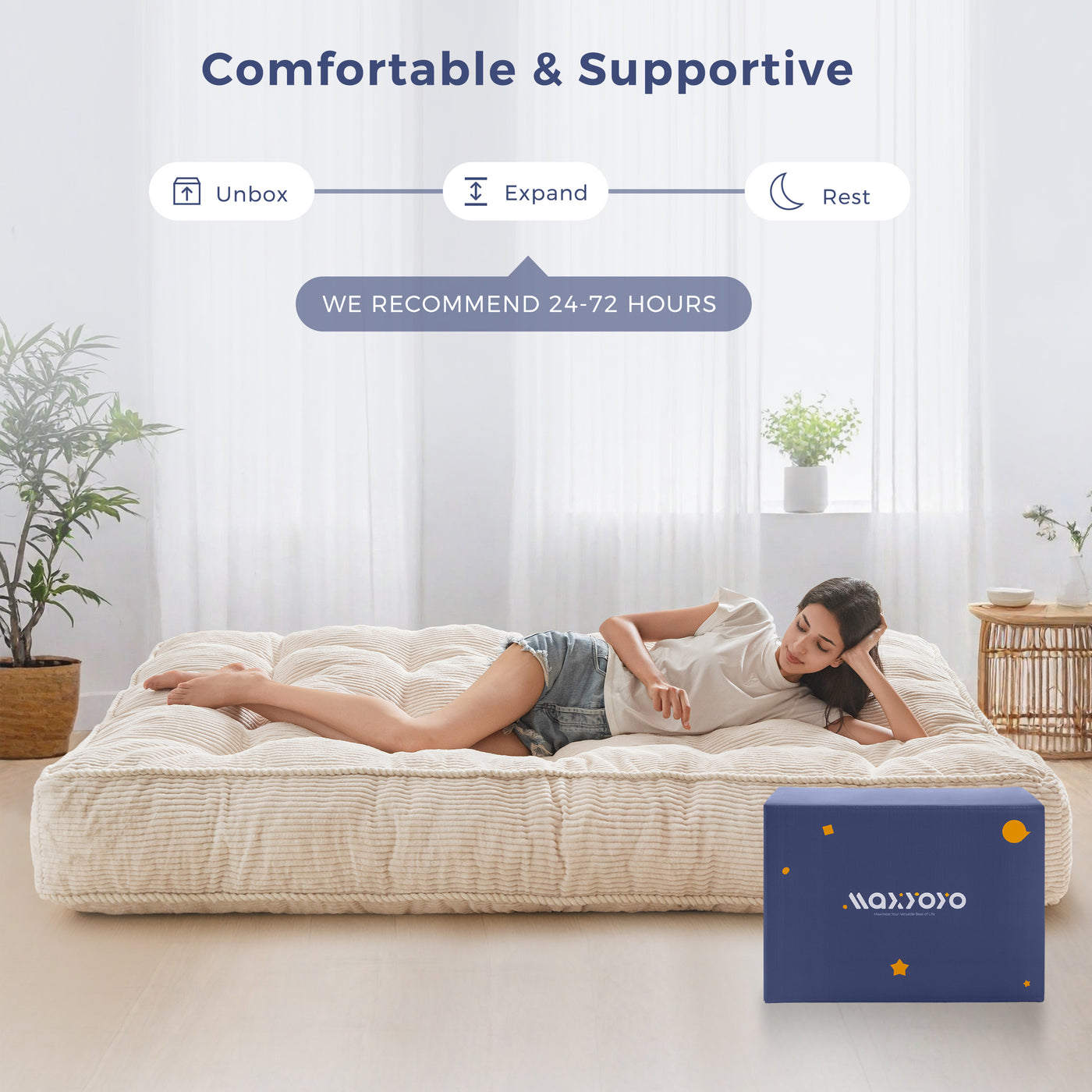 MAXYOYO 8" Futon Mattress Full Size, Ultra Thick Futons Sofa Couch Bed Tufted Sleeper Sofa Bed, Floor Mattress for Adults, Shredded Foam Filling (Frame Not Included), Beige