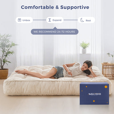 MAXYOYO 8" Futon Mattress Full Size, Ultra Thick Futons Sofa Couch Bed Tufted Sleeper Sofa Bed, Floor Mattress for Adults, Shredded Foam Filling (Frame Not Included), Beige