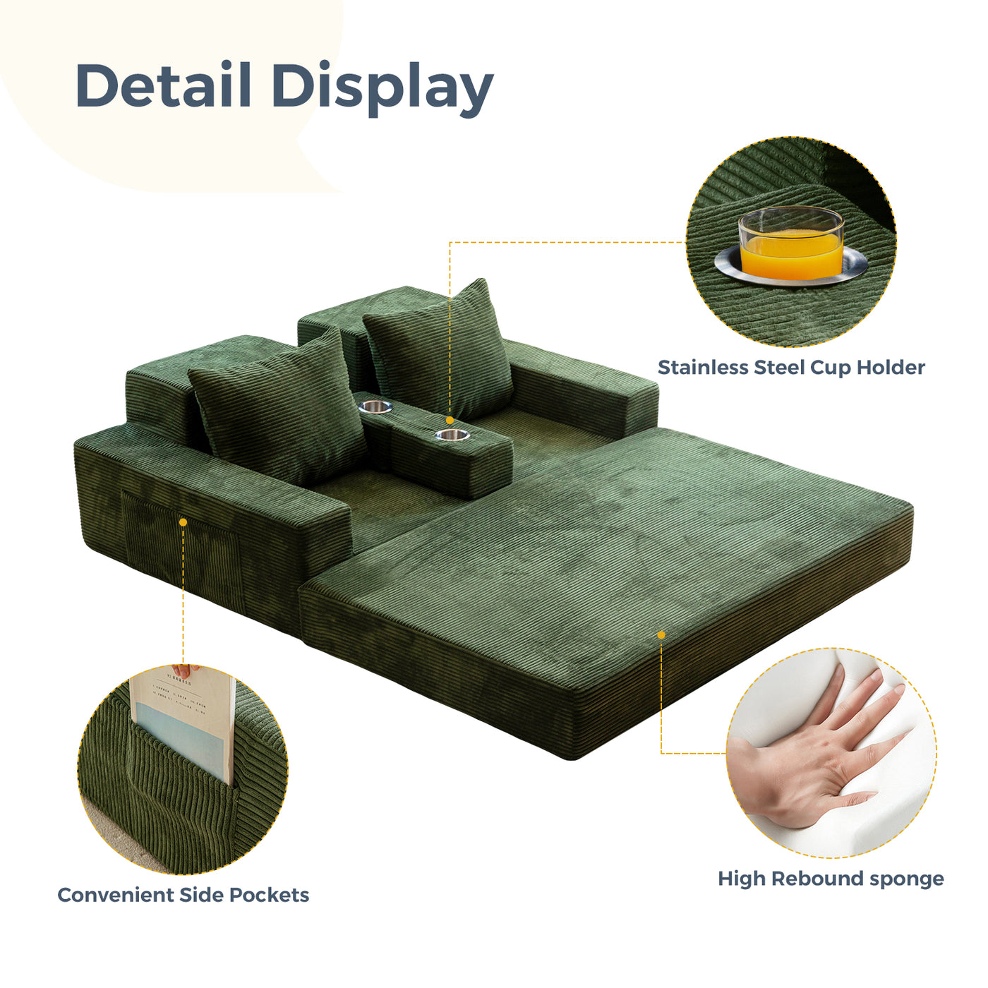 MAXYOYO Loveseat Sofa Bed in a Box – Corded 4-in-1 Floor Couch with Cup Holders, No Tools Needed, Dark Green