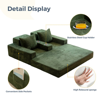 MAXYOYO Loveseat Sofa Bed in a Box – Corded 4-in-1 Floor Couch with Cup Holders, No Tools Needed, Dark Green
