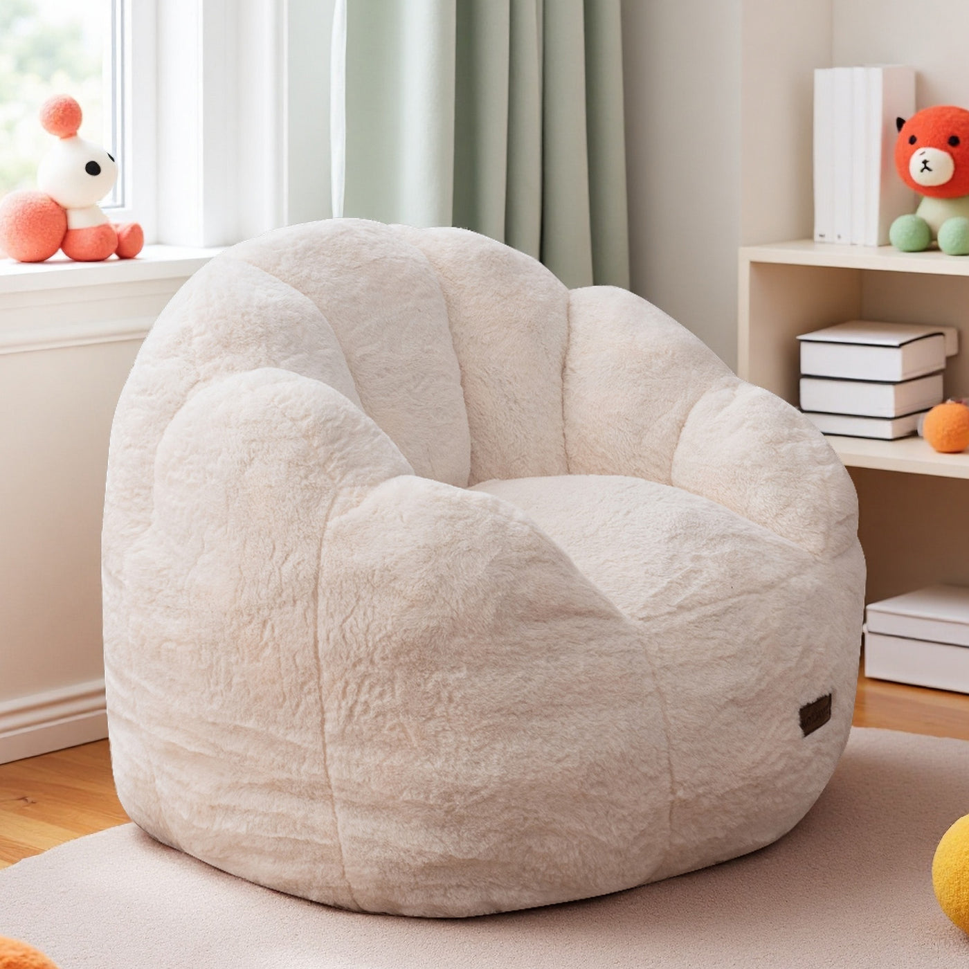 MAXYOYO Kids Bean Bag Chair, Floral Shaped Bean Bag Sofa, Plush Faux Fur Toddler Couch with Petal Backrest for Boys Girls, Stuffed Cozy Sofa for Nursery, Bedroom, Beige