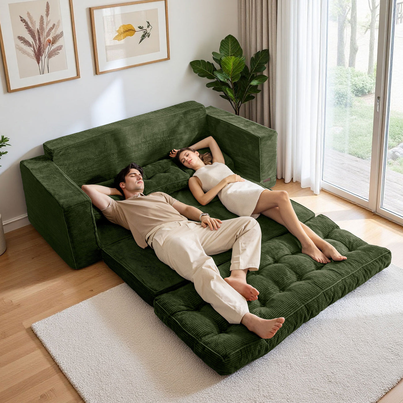 MAXYOYO 3-Seater Convertible Sofa Bed – Corded 2-in-1 Pull-Out Floor Couch with Pillows for Living Room, No Assembly