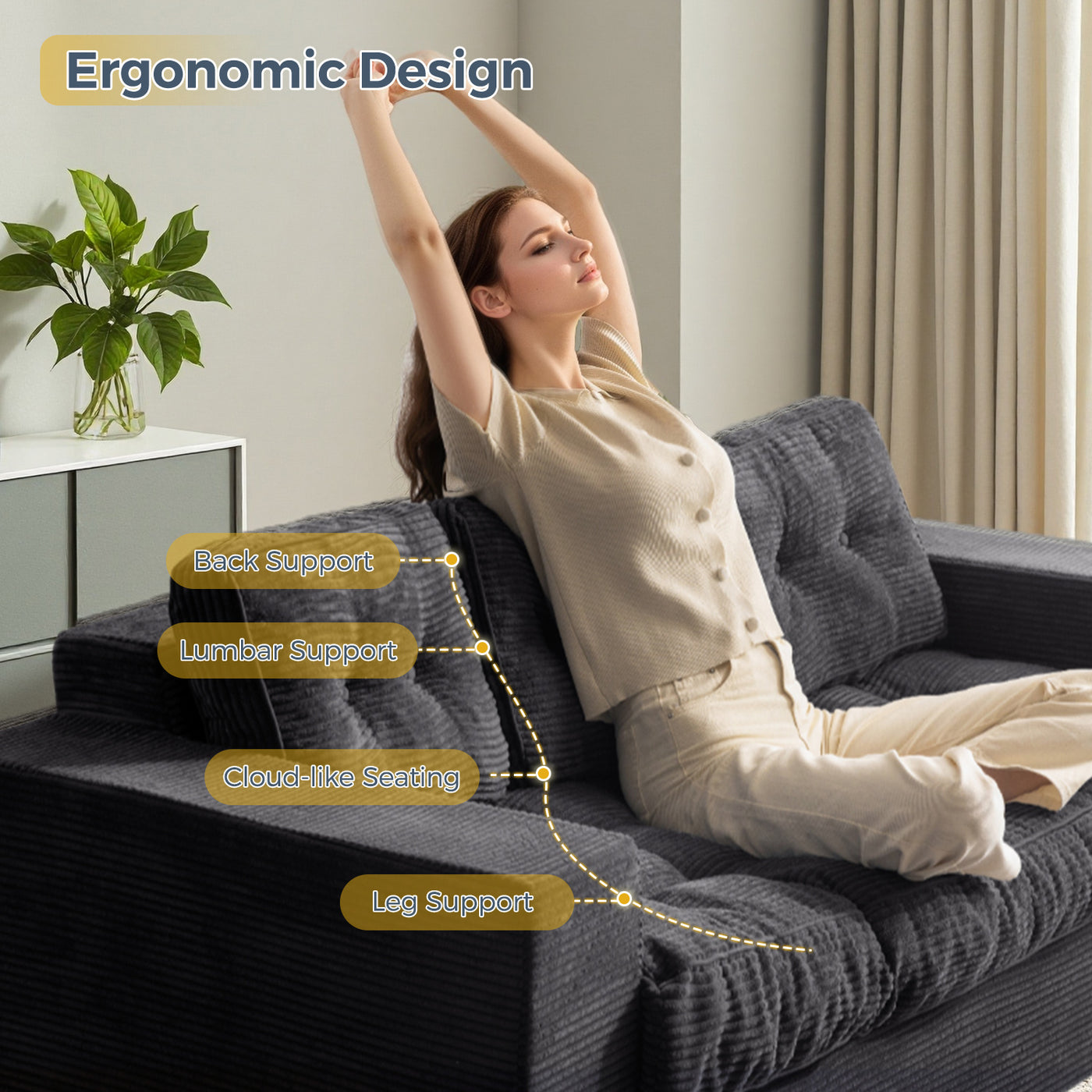 MAXYOYO 3 Seater Couch for Living Room - Boneless Couch, Sofa in A Box, No Assembly Required, Black