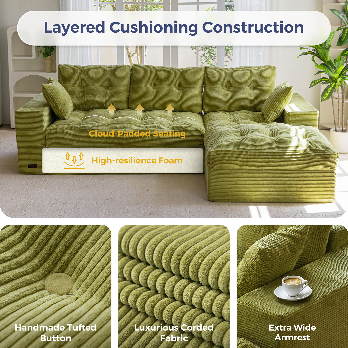 Green sectional sofa with detailed features highlighted, including cushioning construction and fabric texture.
