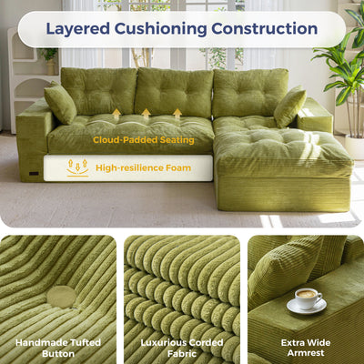 Green sectional sofa with detailed features highlighted, including cushioning construction and fabric texture.