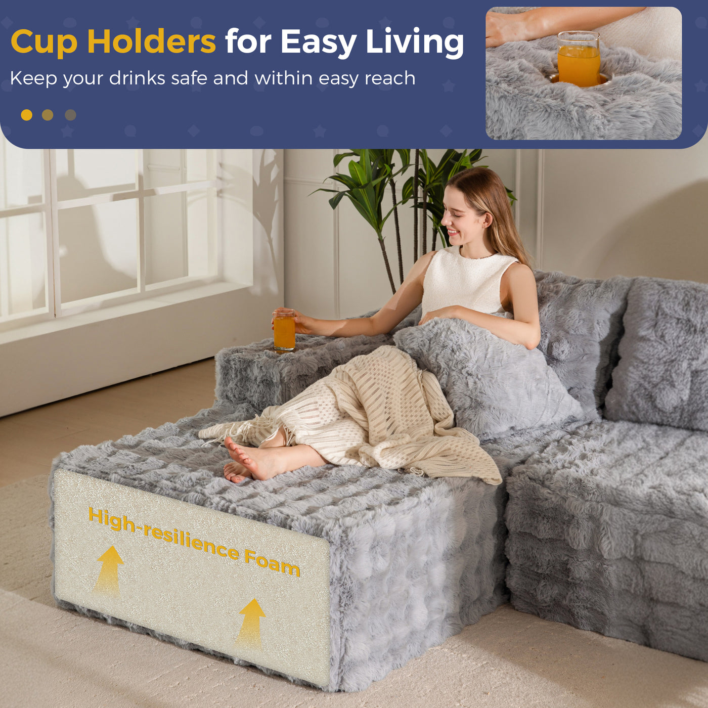 MAXYOYO 104" Modular Sectional Couch with L-Shape Chaise, Modern Boneless Couch for Living Room, Sofa in A Box, Oversized Sofa Sleeper with Deep Seat, No Assembly Required, Grey