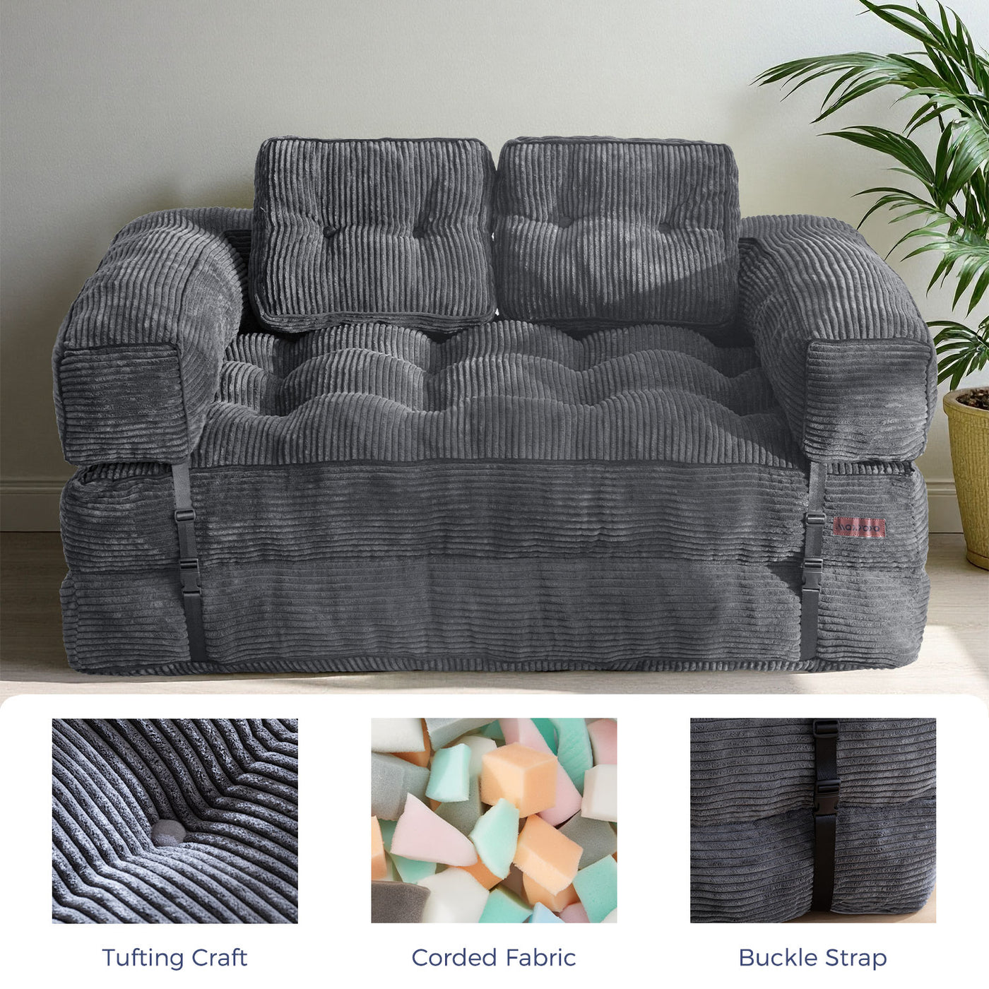 MAXYOYO Convertible  Sofa Bed with Armrest – 2-Seat Foldable Couch, Dark Grey