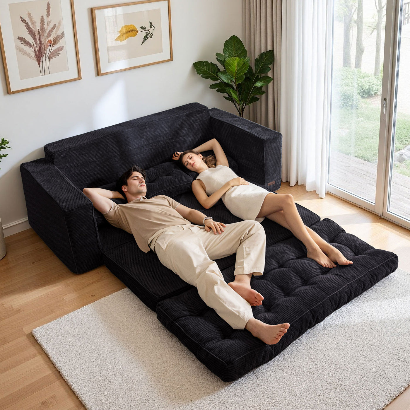 MAXYOYO 3-Seater Convertible Sofa Bed – Corded 2-in-1 Pull-Out Floor Couch with Pillows for Living Room, No Assembly