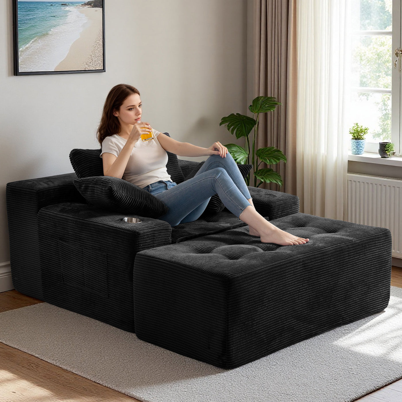 MAXYOYO Oversized Chaise Lounge Sofa with Ottoman – Deep Seat Tufted Floor Couch with 3 Pillows, Black