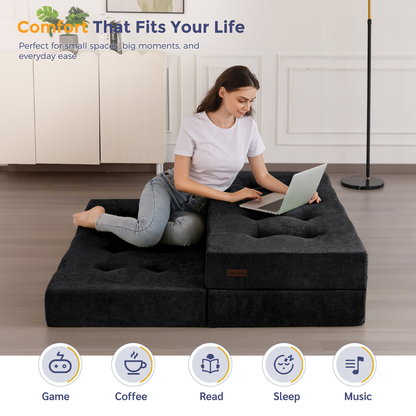 MAXYOYO Tri-Fold Mattress, 6 Inch Tufted Folding Mattress with Chenille Fabric, Portable Queen Size Floor Guest Mat for Adults, Foldable Topper for Camping