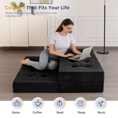 MAXYOYO Tri-Fold Mattress, 6 Inch Tufted Folding Mattress with Chenille Fabric, Portable Queen Size Floor Guest Mat for Adults, Foldable Topper for Camping