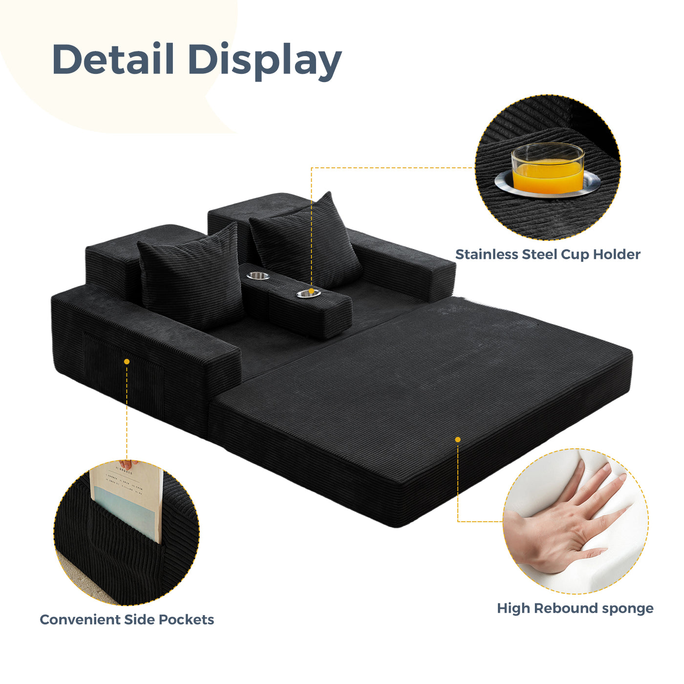 MAXYOYO 4-in-1 Loveseat Foldable Sofa Bed – Corded Convertible Floor Couch with Cup Holders, No Assembly, Black