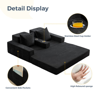 MAXYOYO 4-in-1 Loveseat Foldable Sofa Bed – Corded Convertible Floor Couch with Cup Holders, No Assembly, Black