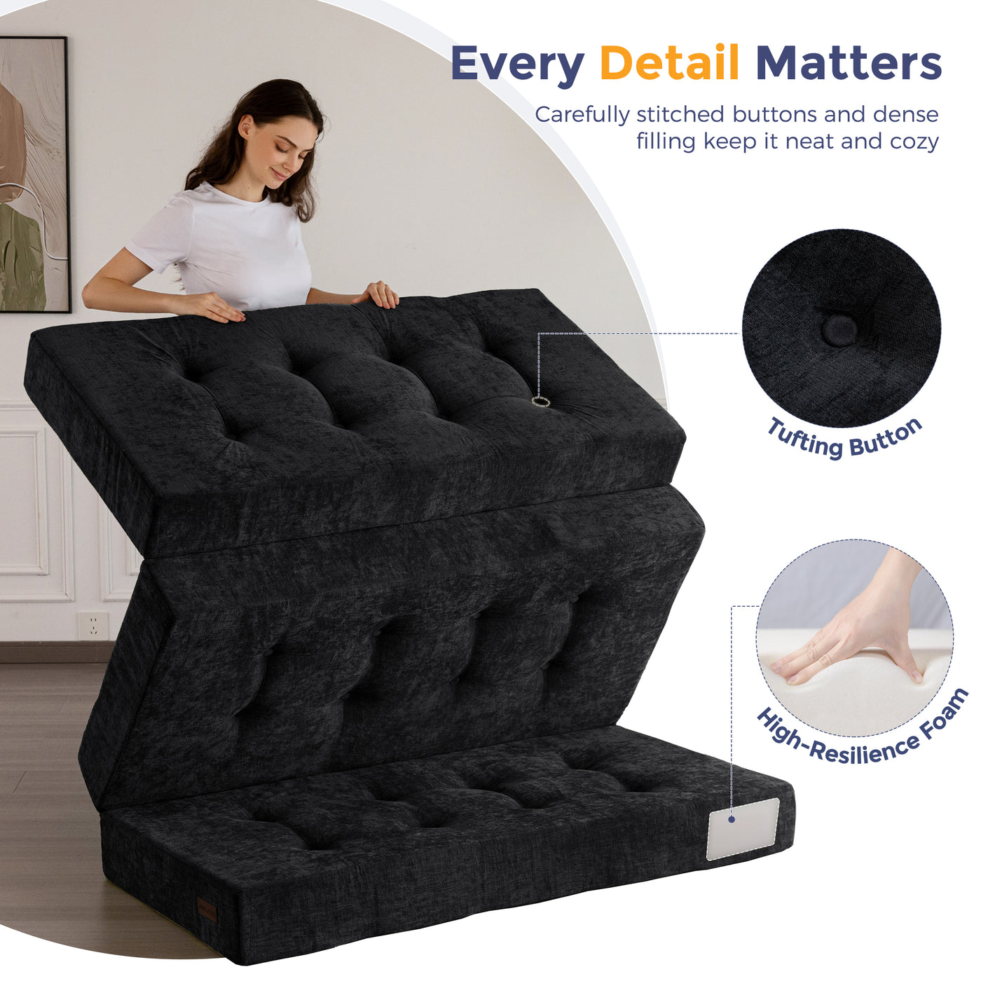 MAXYOYO Tri-Fold Mattress, 6 Inch Tufted Folding Mattress with Chenille Fabric, Portable Queen Size Floor Guest Mat for Adults, Foldable Topper for Camping