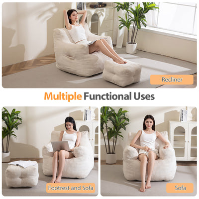 MAXYOYO Tufted Bean Bag Chair with Ottoman, Corduroy Bean Bag Couch Lazy Chair with Filler for Adult, Beige
