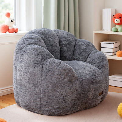 MAXYOYO Kids Bean Bag Chair, Floral Shaped Bean Bag Sofa, Plush Faux Fur Toddler Couch with Petal Backrest for Boys Girls, Stuffed Cozy Sofa for Nursery, Bedroom, Grey
