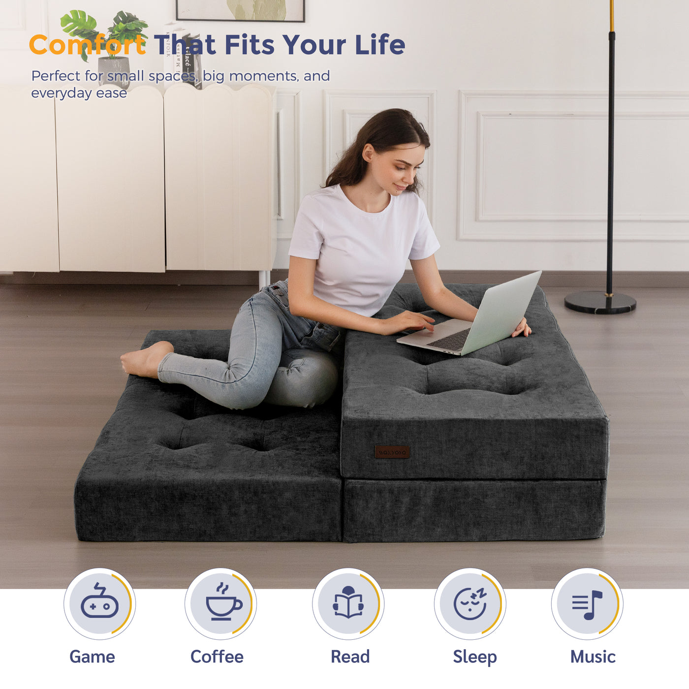MAXYOYO Tri-Fold Mattress, 6 Inch Tufted Folding Mattress with Chenille Fabric, Portable Queen Size Floor Guest Mat for Adults, Foldable Topper for Camping