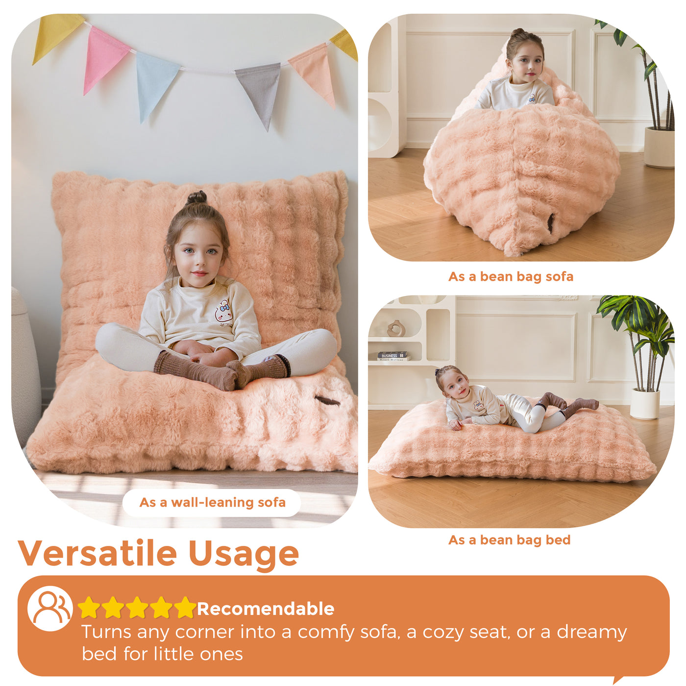 MAXYOYO 3 in 1 Kids Bean Bag Chair Bed, Child Floor Sofa for Gaming, Reading, Faux Fur Floor Mattress with High-Density Foam Filling for Living Room Bedroom