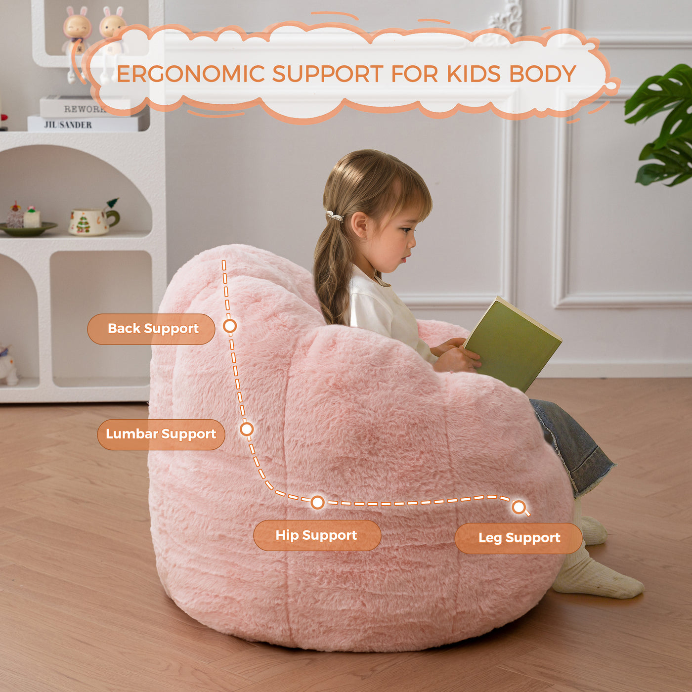 MAXYOYO Kids Bean Bag Chair, Floral Shaped Bean Bag Sofa, Plush Faux Fur Toddler Couch with Petal Backrest for Boys Girls, Stuffed Cozy Sofa for Nursery, Bedroom, Pink