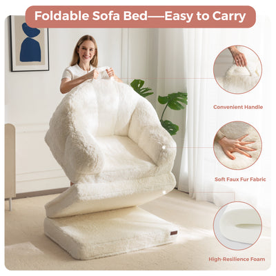 MAXYOYO Folding Sofa Bed, 2 in 1 Convertible Sofa to Lounger Comfy Single Bean Bag Chair for Adults, Floor Sleeper Couch with Handle, Faux Fur Couch Bed for Living Room Bedroom, Beige