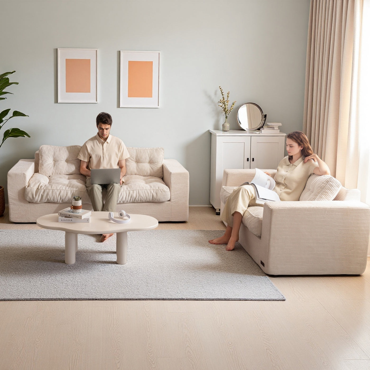 MAXYOYO 3 Seater Couch for Living Room - Boneless Couch, Sofa in A Box, No Assembly Required, Beige
