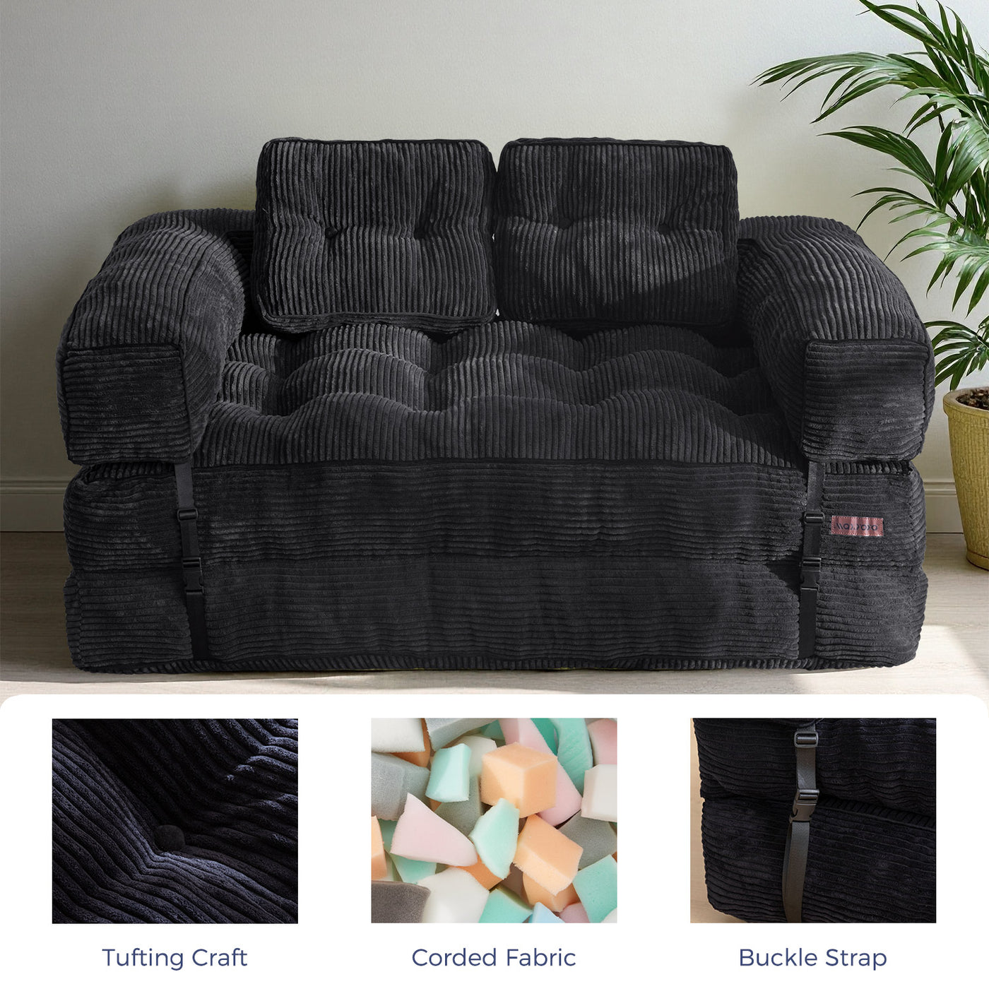 MAXYOYO 2-Seat L-Shaped Sofa Bed – Folding Sleeper Couch with Armrest for Cozy Living, Black