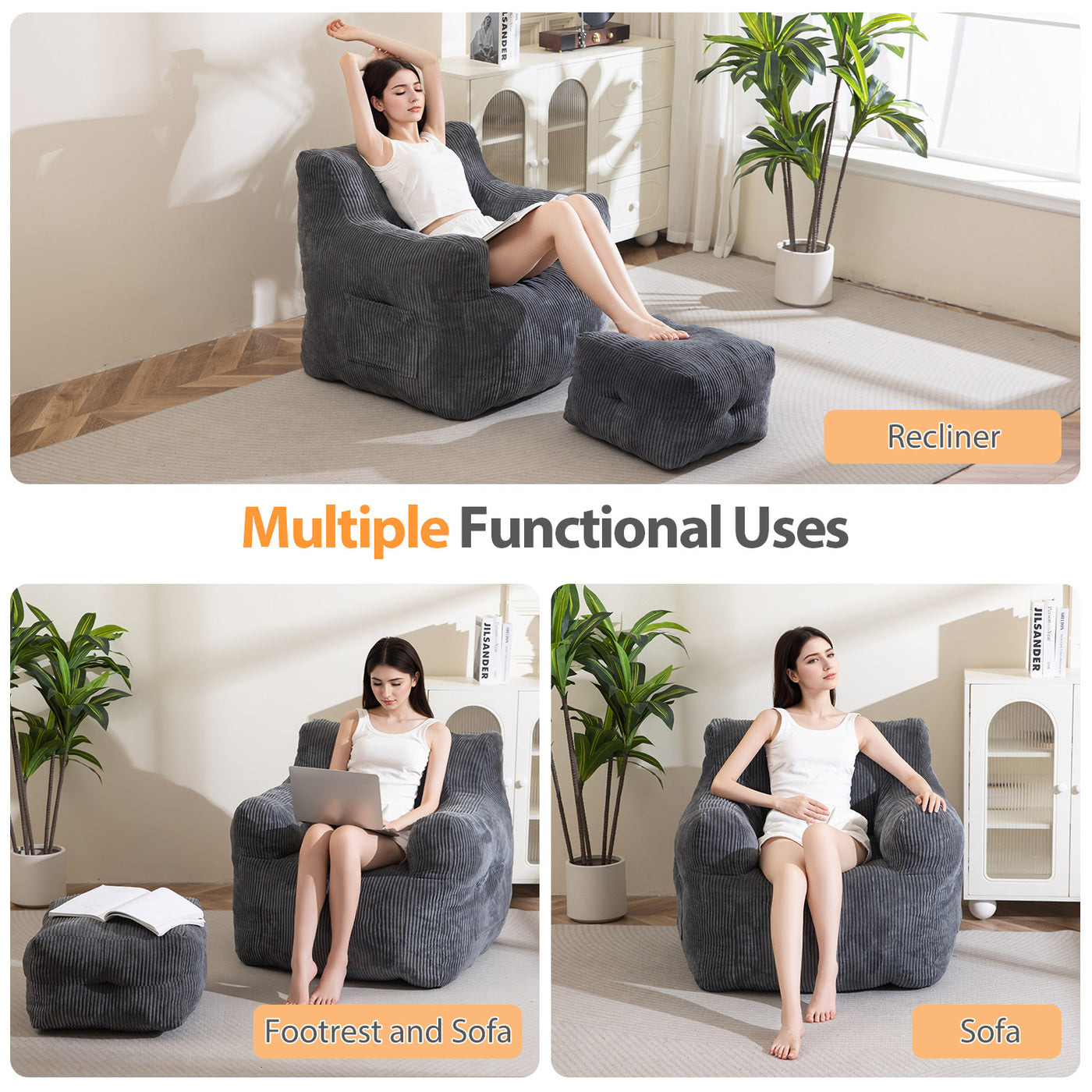 MAXYOYO Tufted Bean Bag Chair with Ottoman, Corduroy Bean Bag Couch Lazy Chair with Filler for Adult, Grey