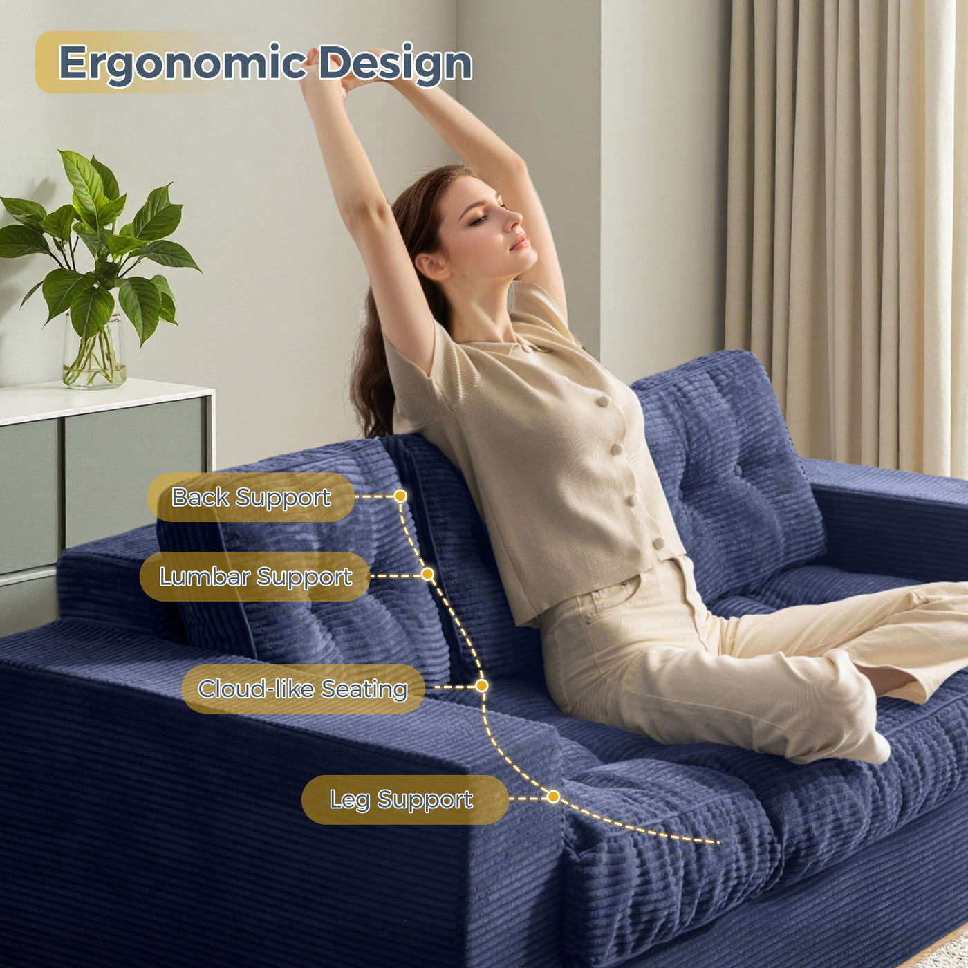 MAXYOYO 3 Seater Couch for Living Room - Boneless Couch, Sofa in A Box, No Assembly Required, Navy