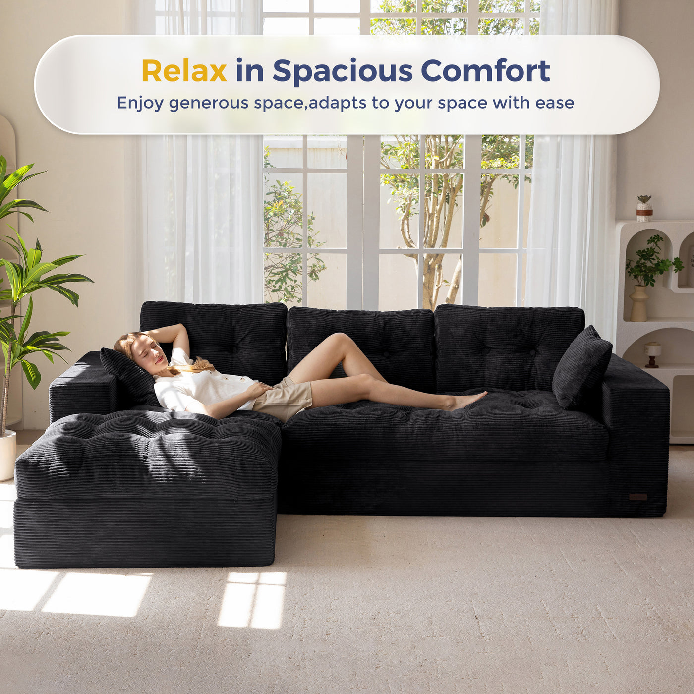 MAXYOYO L Shaped Sectional Sofa with Ottoman, Cloud Boneless Couch with Layered Cushion, Upholstered Modular Sofa with Tufting, Flexible Module Combination for Living Room, No Assembly Required, Black