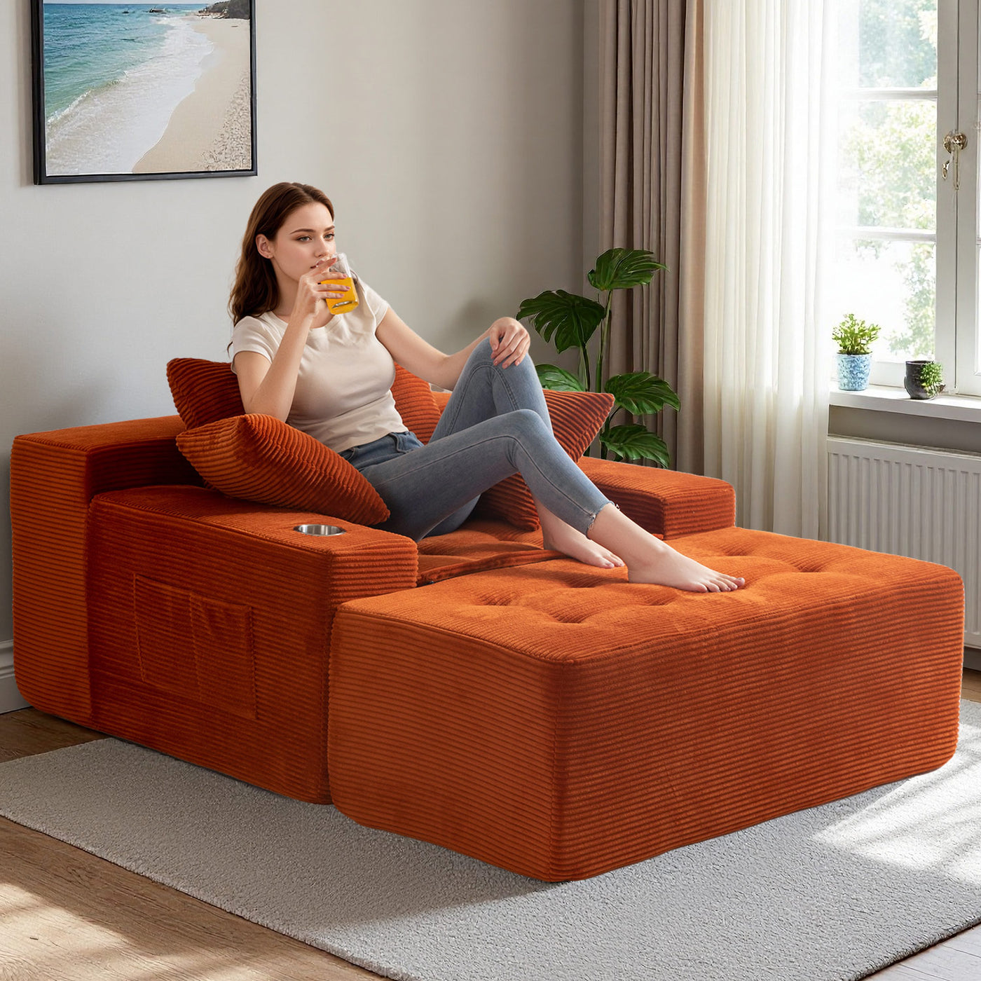 MAXYOYO Oversized Chaise Lounge Sofa with Ottoman – Deep Seat Tufted Sleeper Chair with 3 Pillows, Orange