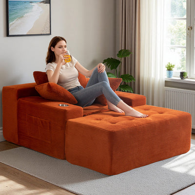 MAXYOYO Oversized Chaise Lounge Sofa with Ottoman – Deep Seat Tufted Sleeper Chair with 3 Pillows, Orange
