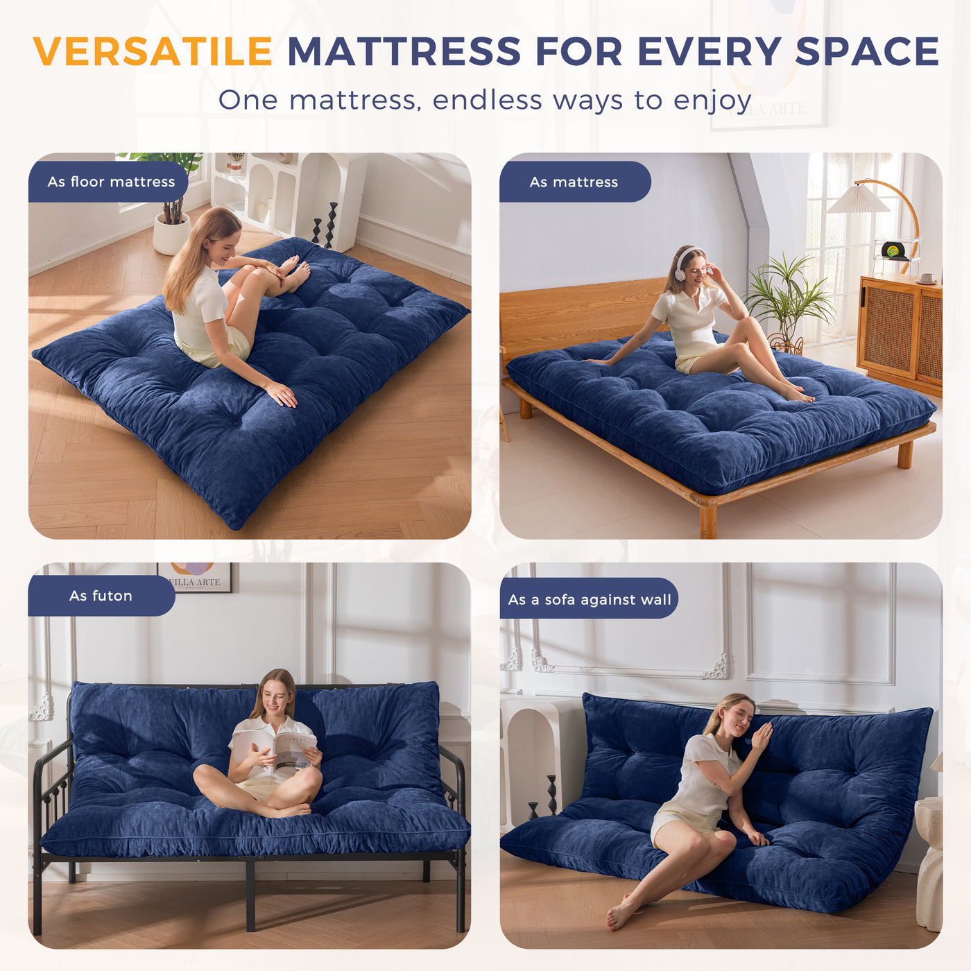 MAXYOYO Floor Futon Mattress, 6 Inch Tufted Folding Mattress with Chenille Fabric, Floor Sofa Bed Guest Couch Bed for Adults, Navy