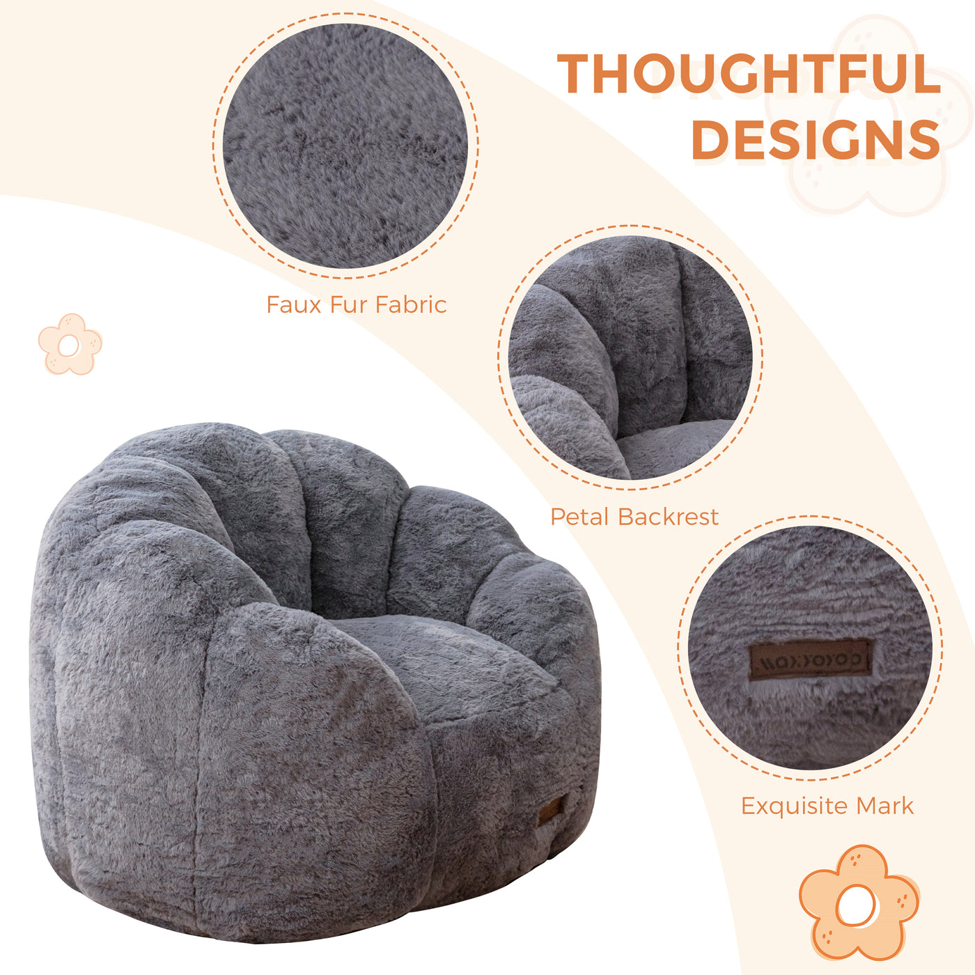 MAXYOYO Kids Bean Bag Chair, Floral Shaped Bean Bag Sofa, Plush Faux Fur Toddler Couch with Petal Backrest for Boys Girls, Stuffed Cozy Sofa for Nursery, Bedroom, Grey